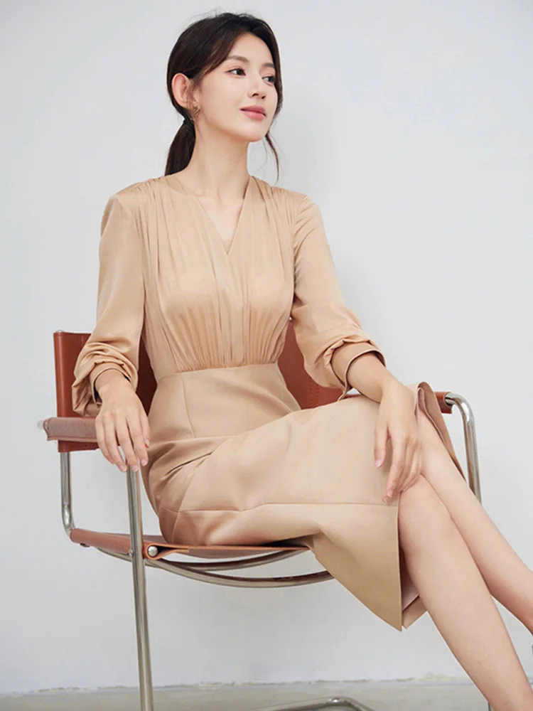 Champagne Colored Dr Elely Simple High Waist A-Line Skirt Long Sve V-Ne Polyester Fiber Office Wear Autumn Season