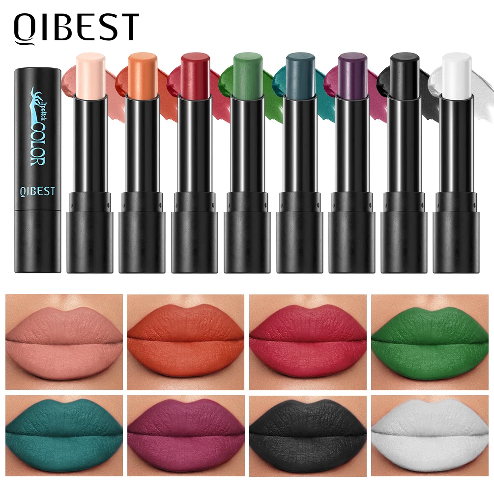 QIBEST Nude Velvet Matte Lippenstift, langlebig, hochpigmentierte Lippentönung, nicht klebende Tassen, Rot, Grün, Orange, Schwarz, Weiß, Lippenfleck