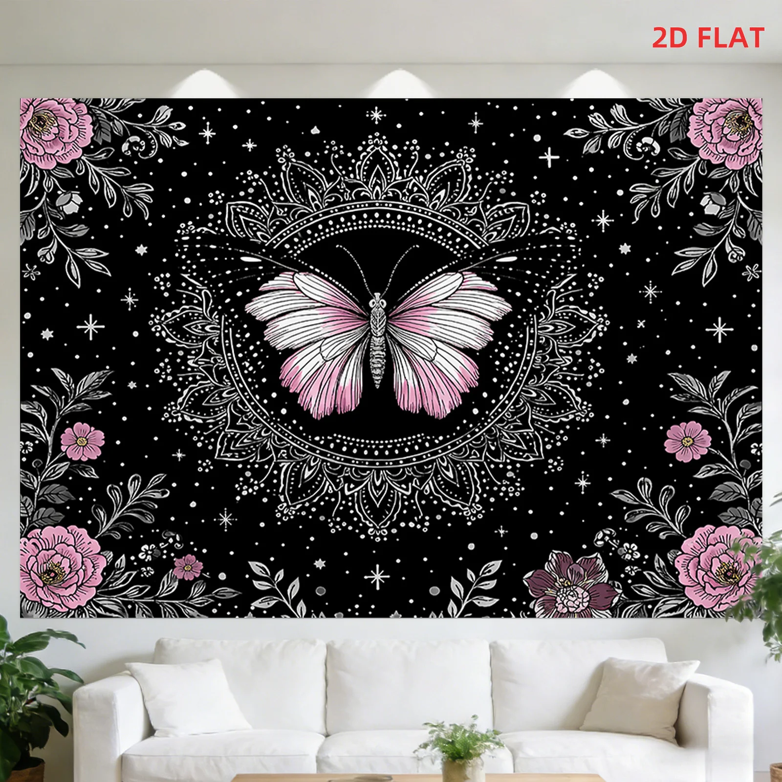 Black Tapestry Wall Hanging Boho Butterfly Floral Mandala Decor Art Print Bohemian Living Room Decoration Aesthetic Wall Decor