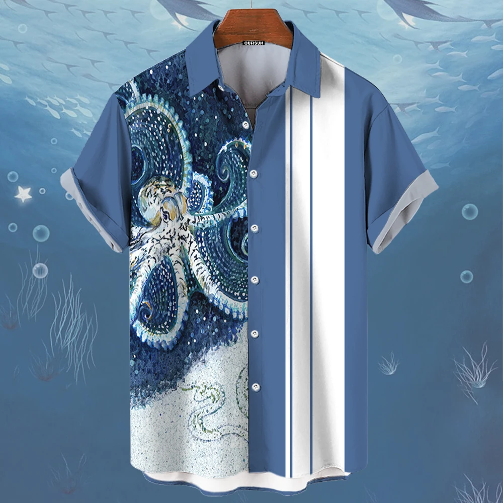 Men's Shirt Marine Animal Printing Clothing Beach Vacation Hawaiian Shirt Single-Breasted Leisure Lapel Fashion Short Sleeve Top