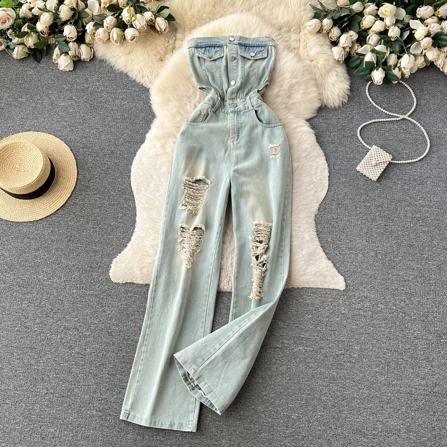 

Hole Denim Jumpsuits Pure Desire Style Jumpsuit Woman Hollow Out Waist Women Pants 2025 Summer One Pieces Sexy Ropa Mujer