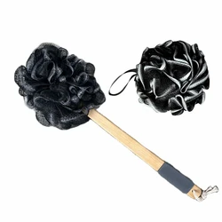 Black Bamboo Bath Loofah Sponge Body Scrubber Long Handle Wooden Bath Brush Mesh Foaming Ball Skin Clean Tool Bathroom Accessory