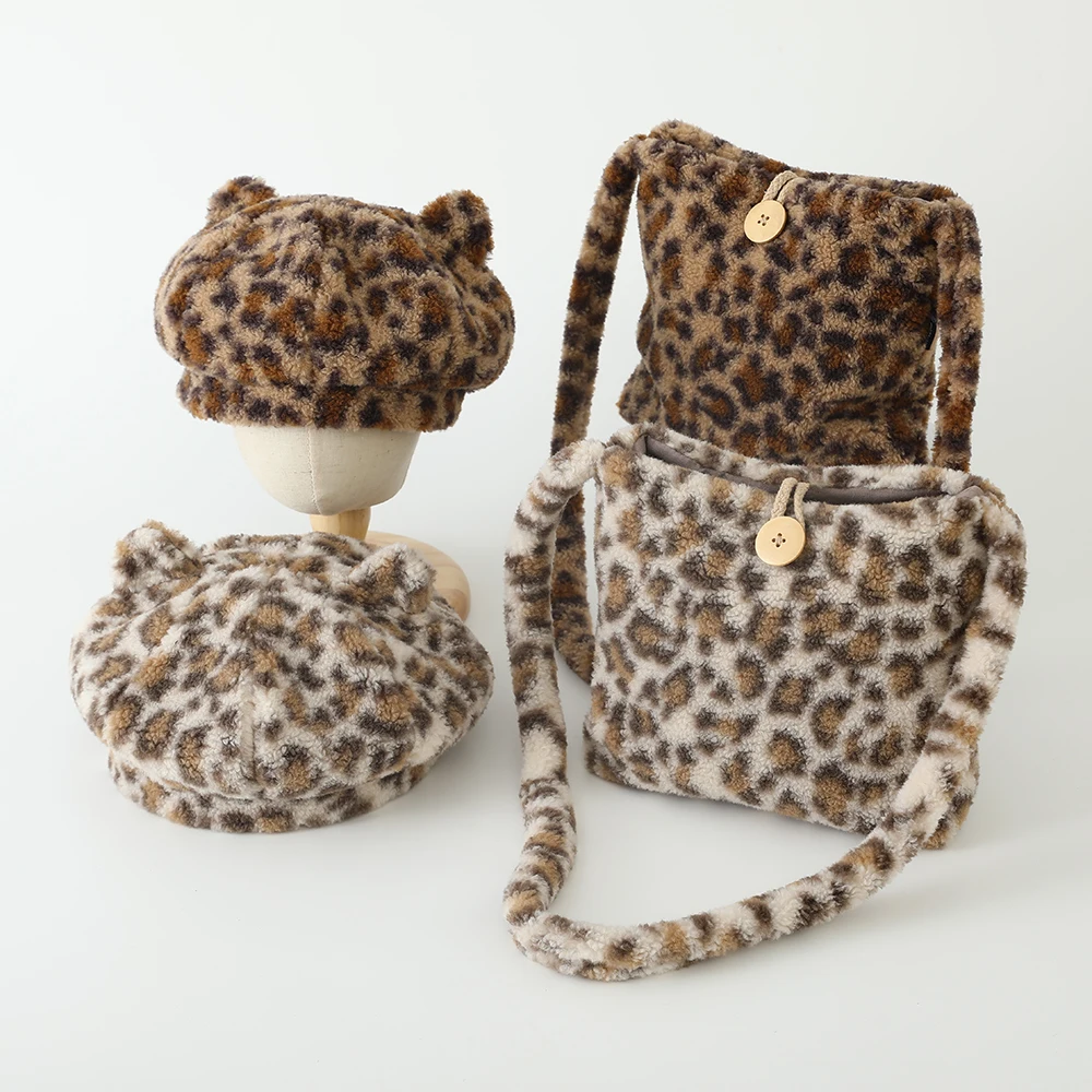 2Pcs Leopard Children Hat Bag Set Autumn Winter Wool Kids Beret Hats Girl Gift Children Cap for Girls Accessories 3-8Y