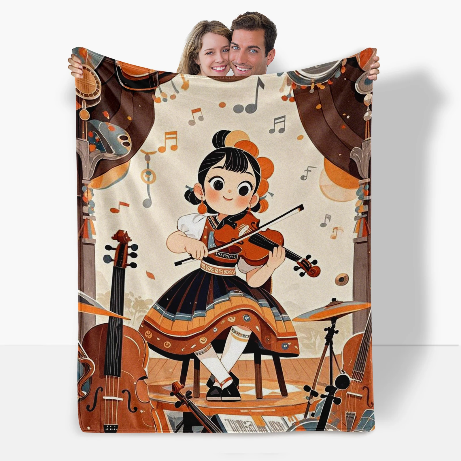 Unique Cartoon Cello Player And Dancing Notes Blanket, Celebrates The Joy Of Music Festivals. Perfect Gift For Loved Ones.