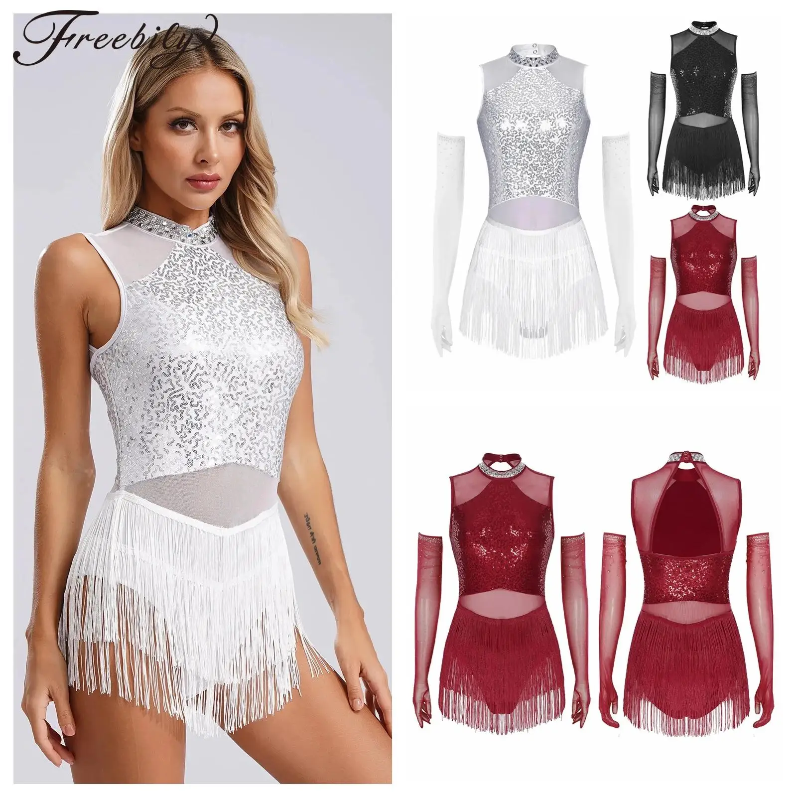 

Womens Latin Dance Leotard Dress with Mesh Gloves Tango Rumba Cha-Cha Samba Costume Fringe Sequin Ballroom Performance Dress