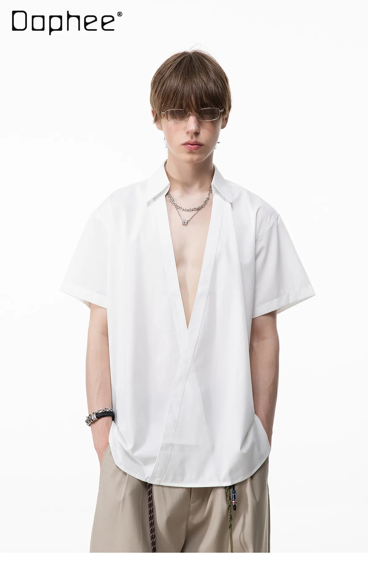 Men's Summer New Deep V Neck Short Sleeve Shirt Minimalist Design Loose Casual Breathable Thin Blouse Black White Two Colors