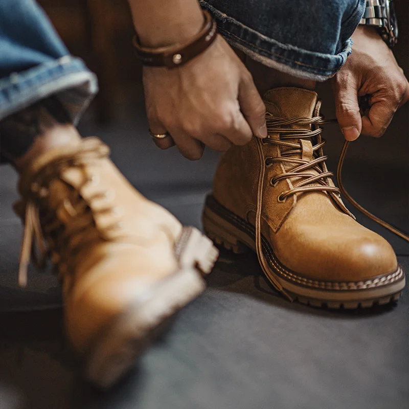 Maden Retro Yellow High Top Boots Men's Autumn and Winter Elevator Lace Up Shoes Casual Outdoor Suede Mixed Work Boots