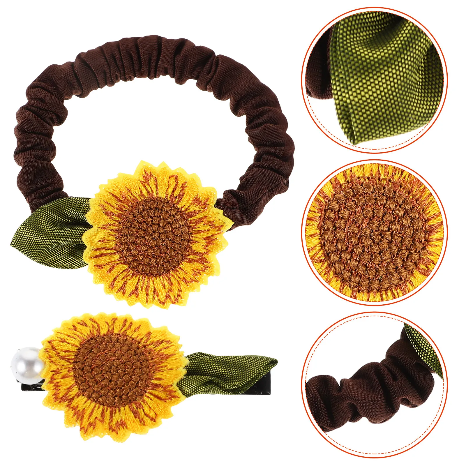 

Набор из 2 заколок-резинок для волос в форме подсолнуха в пасторальном стиле, мягкие эластичные резинки с жемчужным декором для вечеринок и школы