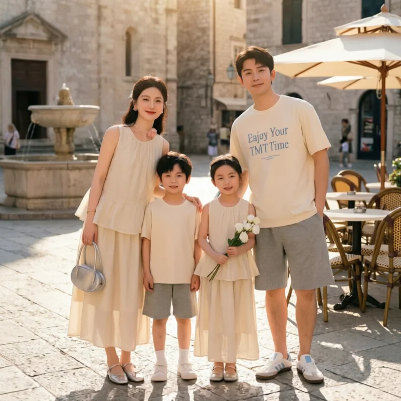 2026 Family Matching Outfits Mother Daughter Sleeveless Top Skirt Set Father Son Tee Imitation Tencel Vacation Matching Wear