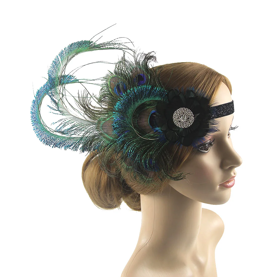 Peacock Feather Elastic Hair Band , 1920s Flapper Gatsby Feather Headband, 20s Beaded Showgirl Headpiece