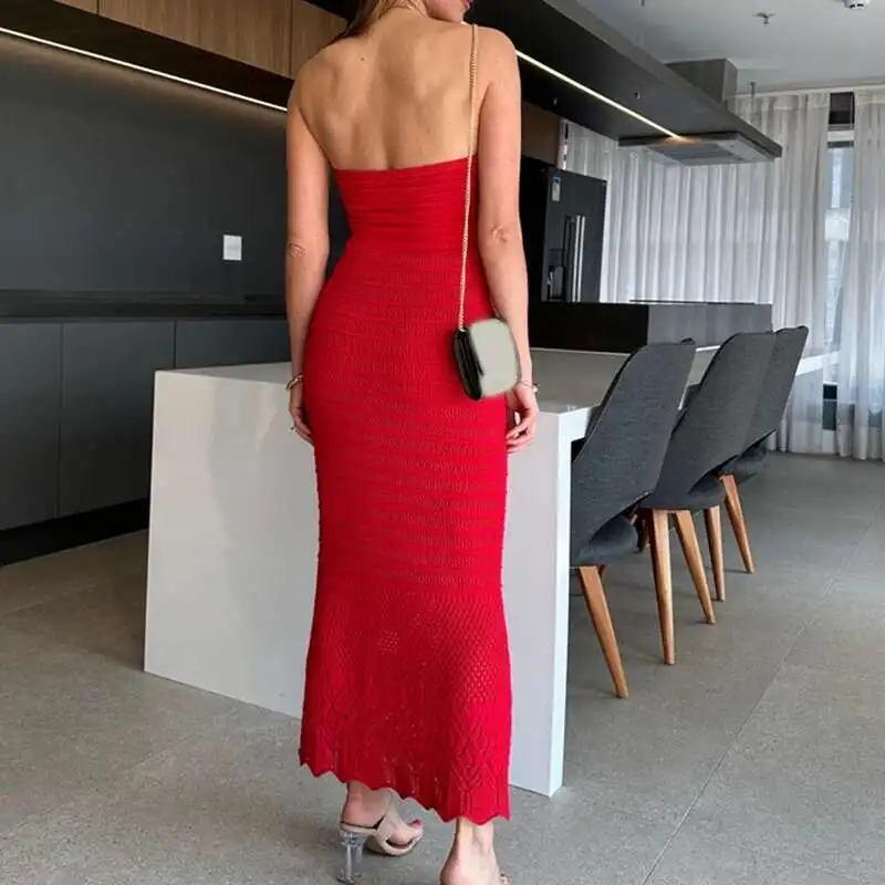 Red Strapless High Waist Knitted Long Fashion Women's Off Shoulder Jacquard Slim Fit New Summer Backless Beach Dress