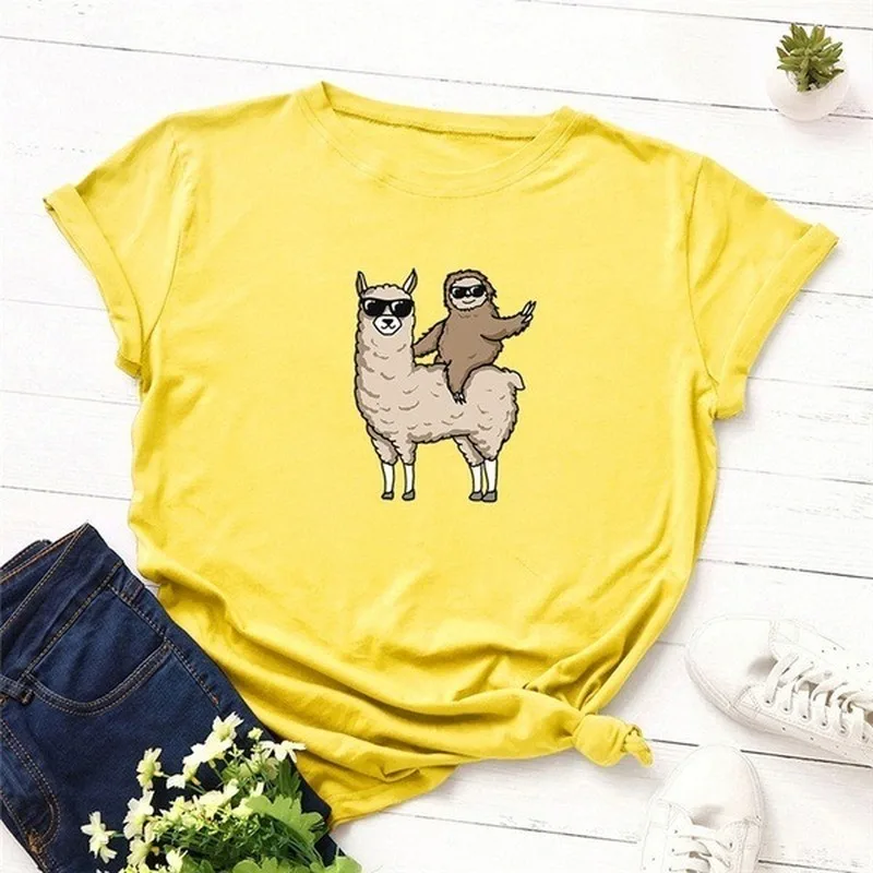 Funny Sloth Alpaca Print Women T Shirt Short Sleeve O Neck Loose Women Tshirt Ladies Fashion Tee Shirt Tops Clothes Mujer