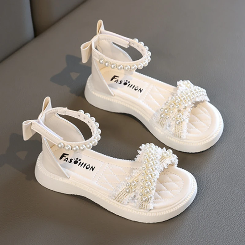 Summer Kids Sandals for Girls Elegant Pearl Bowknot Children Versatile Beach Shoes Fashion Open-toe Toddlers Princess Sandals