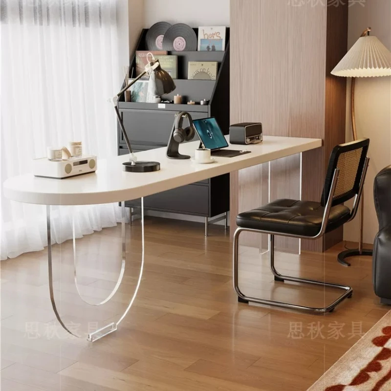 Italian Style White Solid Wood Desk Nordic Creative Oval Acrylic Floating Computer Desk Study Bedroom Furniture مكتب عائم FYFD
