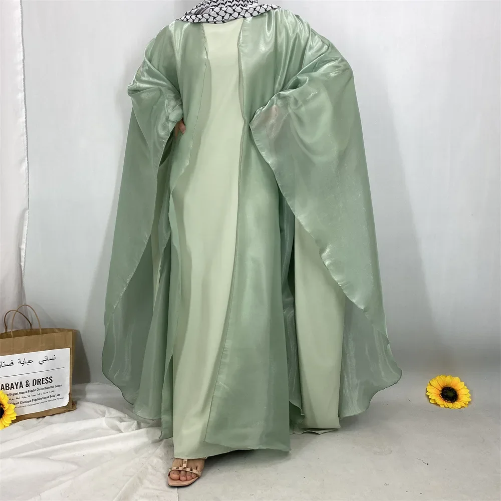 دبي ساتان لامع مفتوح الجبهة عباية فستان إسلامي سترة نسائية ملابس إسلامية قفطان مغربي فام رداء كيمونو قفطان جلابية