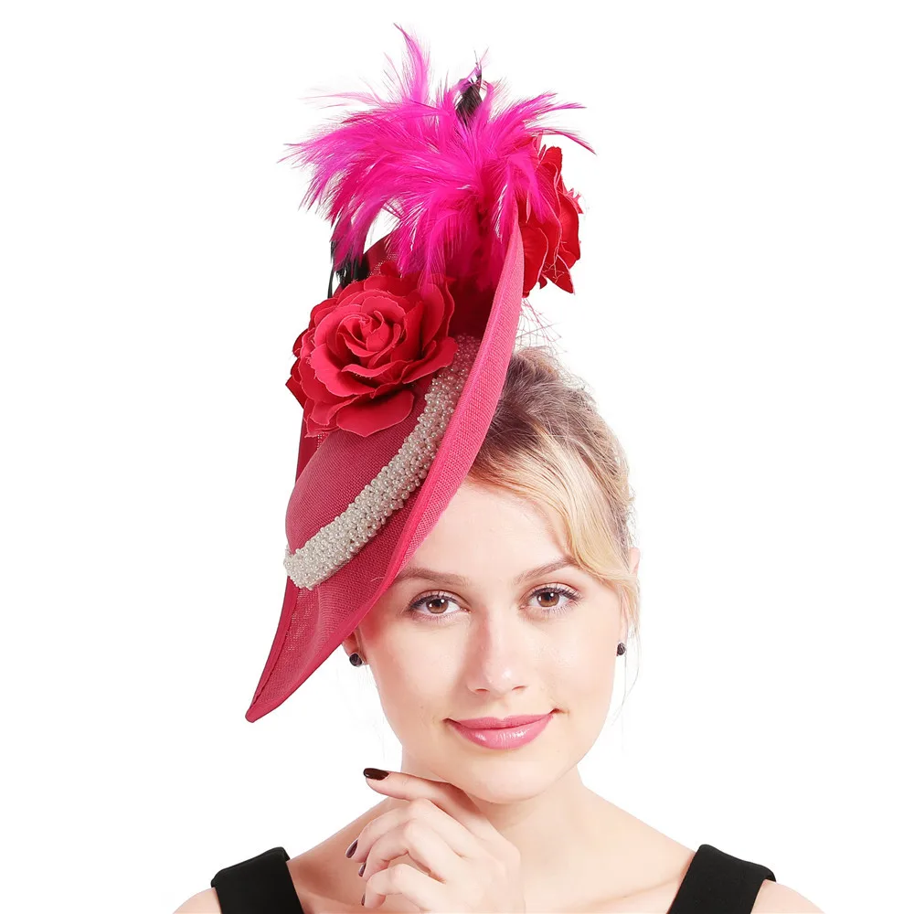 Sinamay sombrero fascinador de plumas para mujer, sombrero con perlas y flores, velo Derby de Kentucky, tocado nupcial Para Boda y fiesta de té