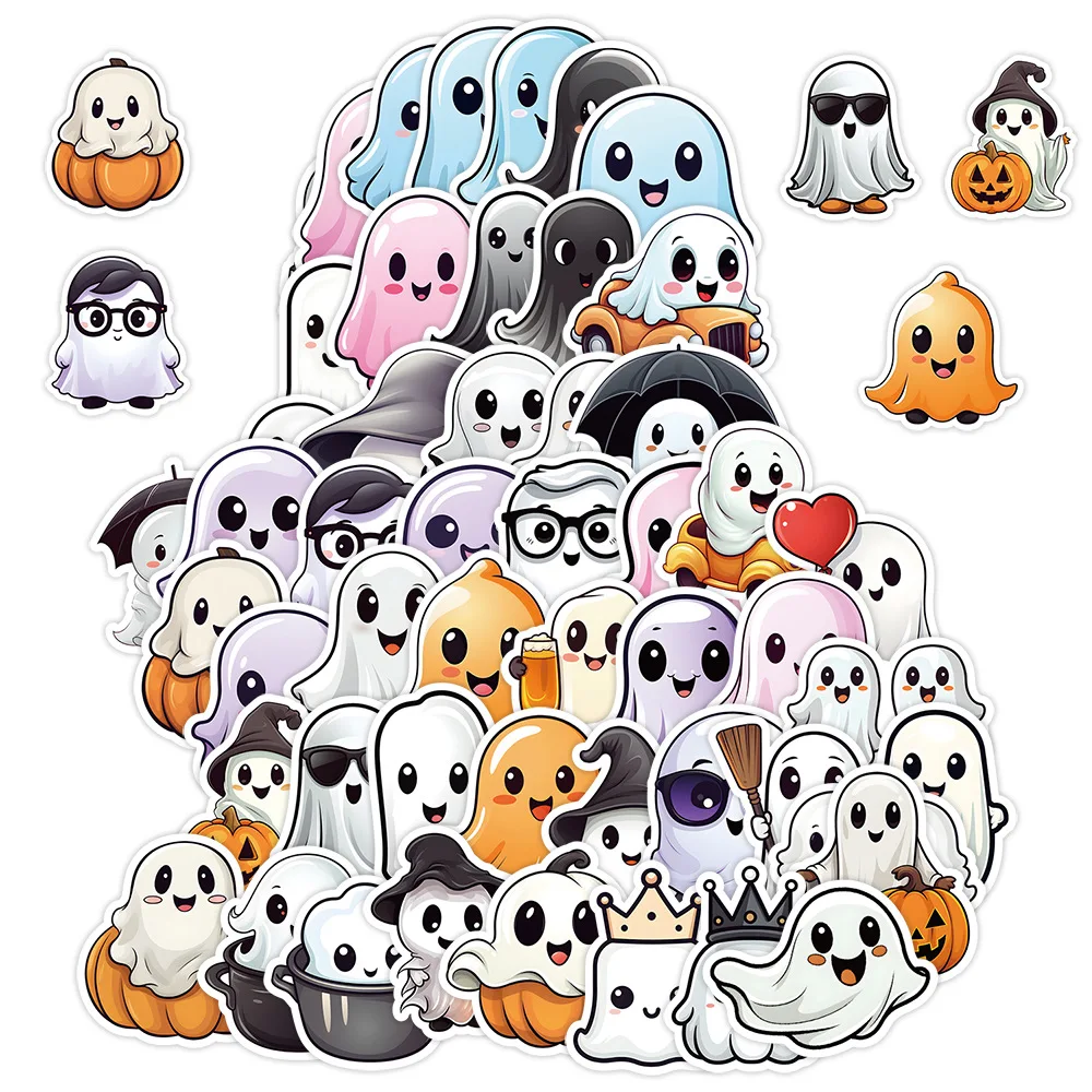 Cute Halloween Ghost Graffiti Sticker, brinquedo decalque impermeável, decoração do telefone móvel, copo de água, guitarra, geladeira, 10 pcs, 30 pcs, 50pcs