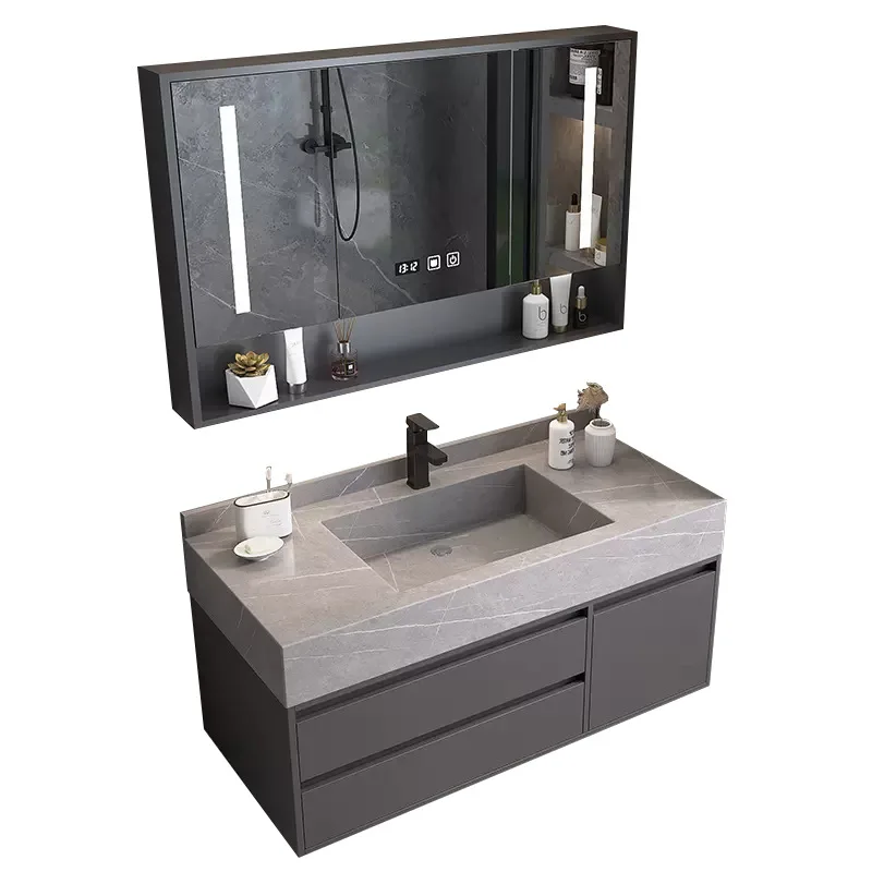 

Solid wood vanity, grey marble bathroom wall-mounted locker
