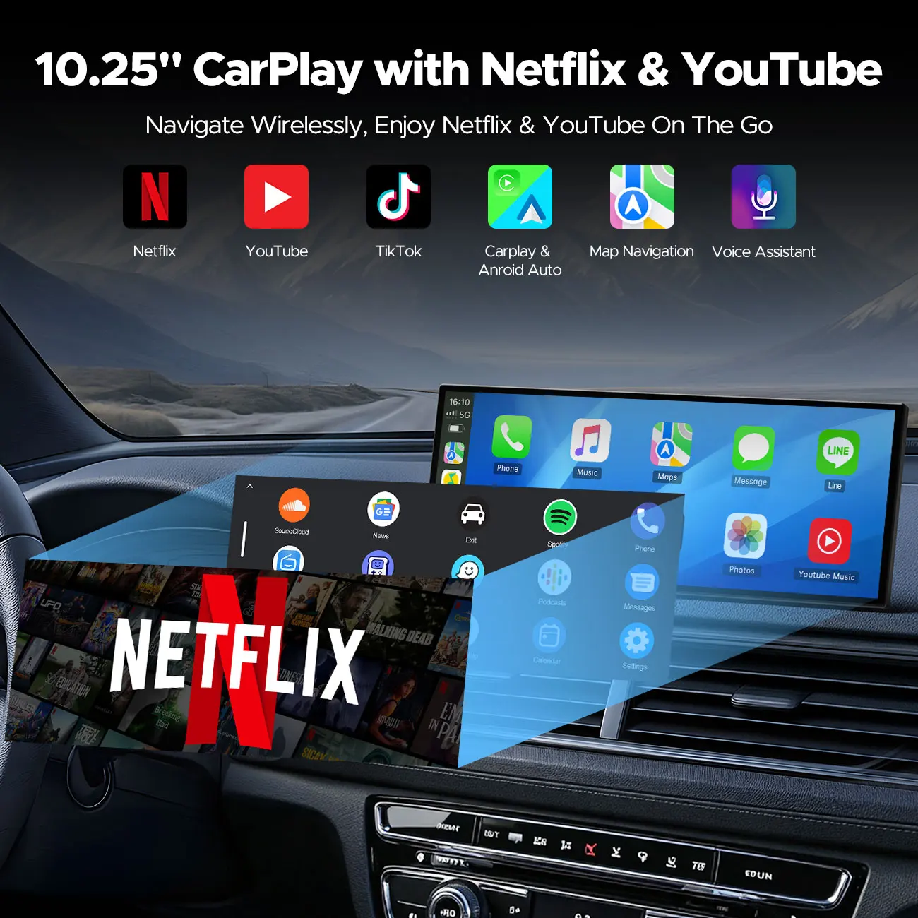 10.25 Inch Wireless CarPlay Screen Android Auto Upgrade Portable In-Cell Touch Screen Netflix YouTube GPS Car Navigation