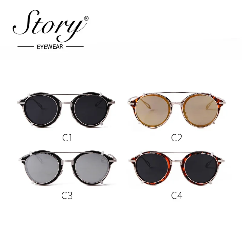 STORY Vintage Steampunk Clip on Sunglasses Men 2020 Fashion Classic Leopard Metal Round Removable Flip Lens Sun Glasses S1810