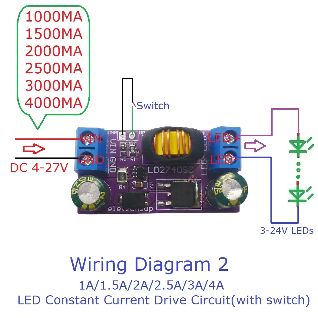 LD2740SC Hochleistungs-DC 4–27 V 1 A/1,5 A/2 A/2,5 A/3 A/4 A Konstantstrom-Abwärts-LED-Treiberplatine für RCL DRL-Nebelscheinwerfer im Automobilbereich