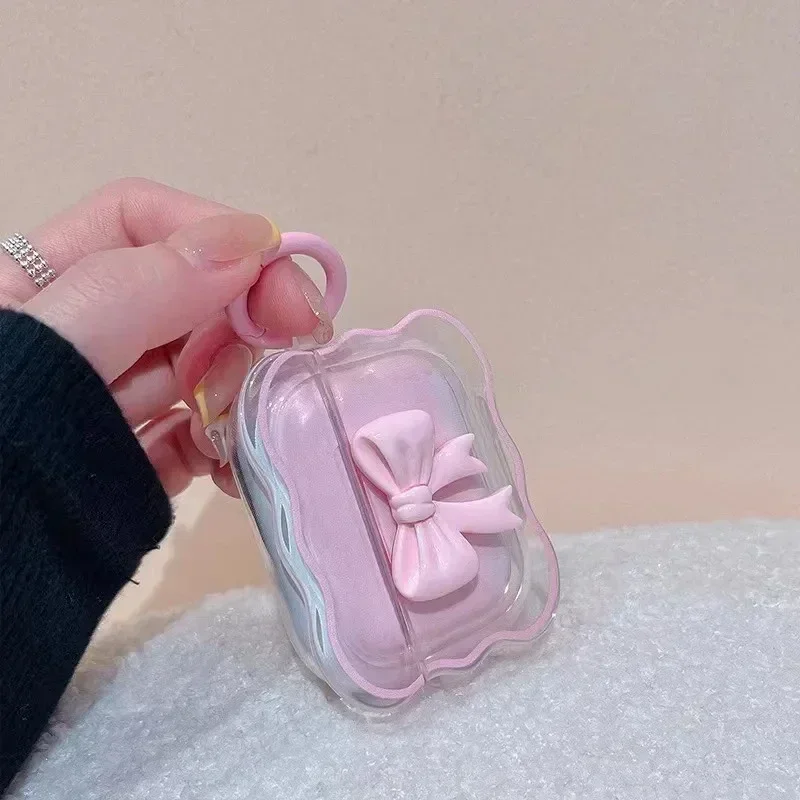 3D Bow Wave Case for Apple AirPods 1 2 Case Pink Floral Girls Cover for AirPods Pro Wireless Box with Keychain