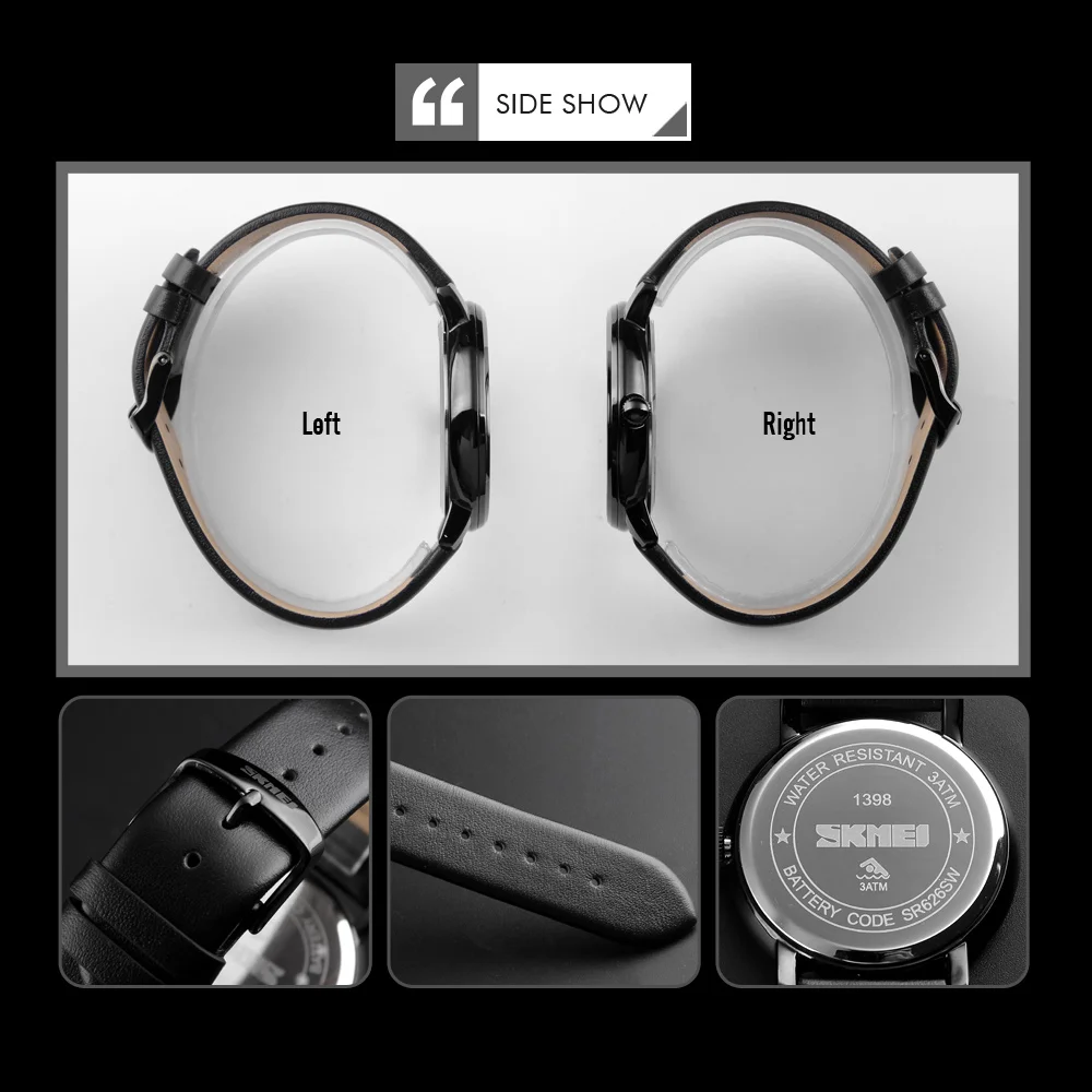 SKMEI Fashion Quartz Wrist Watch Men Big Dial Male Business Sport Watches Leather Strap 30M Waterproof Relogio Masculino Clock