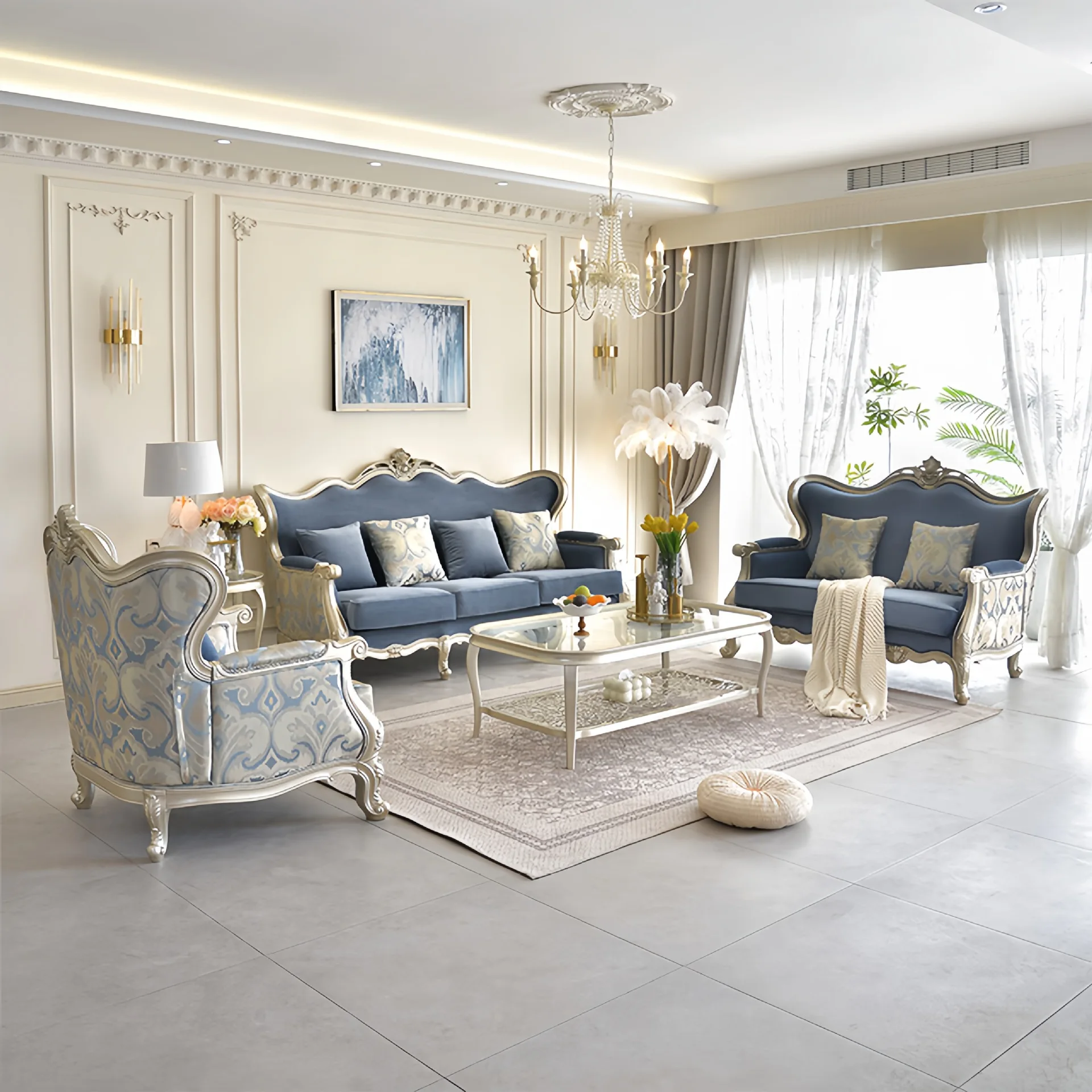 American Light Luxury Solid Wood Carving Flower Sofa European Court Villa Sofa Size Apartment High-end Soft Bag Sofa Combination