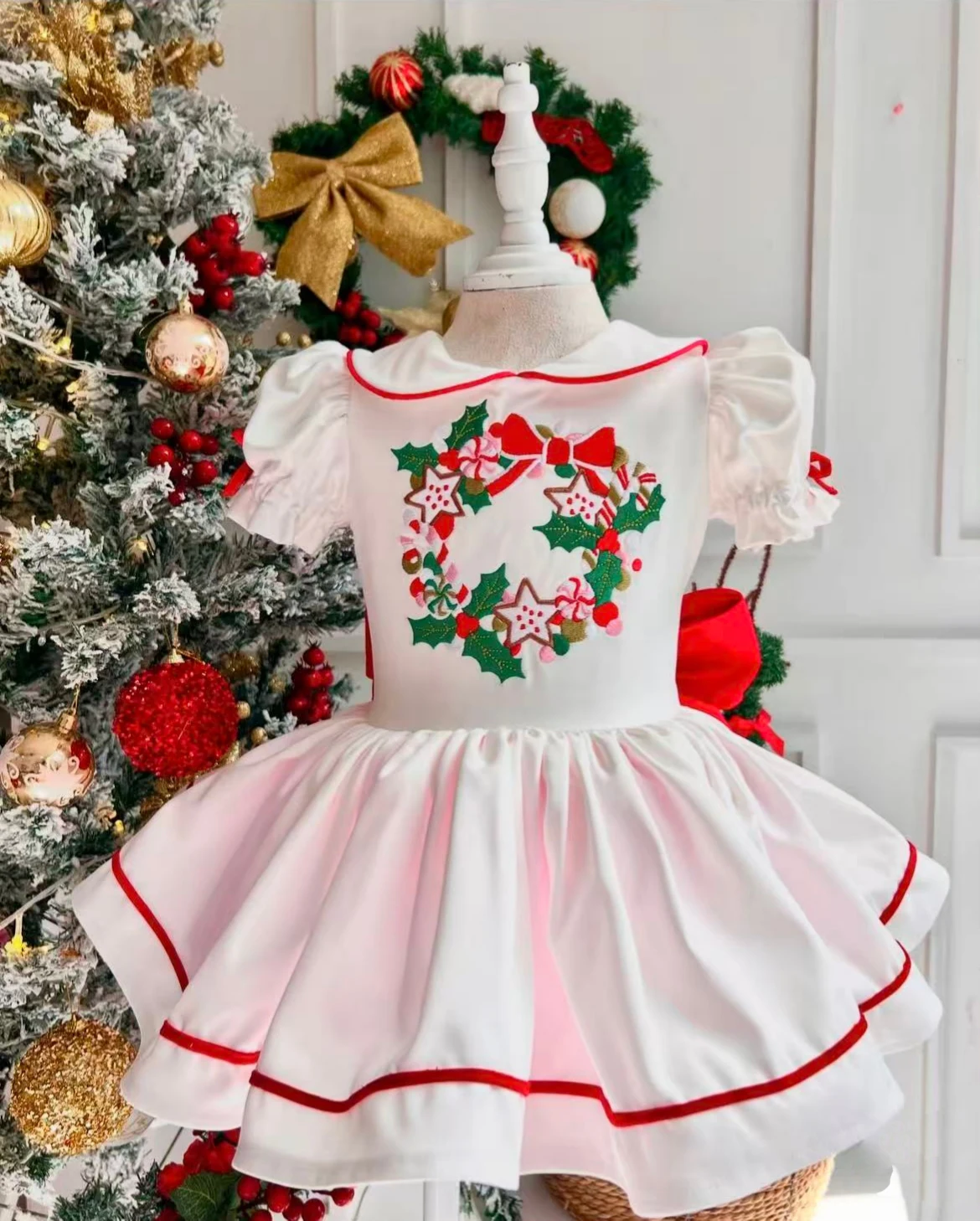 0-12Y Baby Girl Summer Lollipop Bell Leaf Embroidery White Vintage Princess Dress for Birthday Holiday Eid Christmas B466