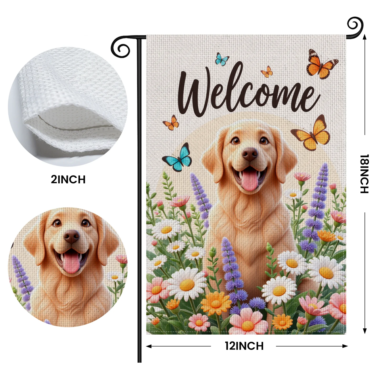 Cheerful Golden Retriever Welcome Garden Flag Vibrant Floral Butterfly Accent Yard Flag for Front Yard Decor Porch Decoration