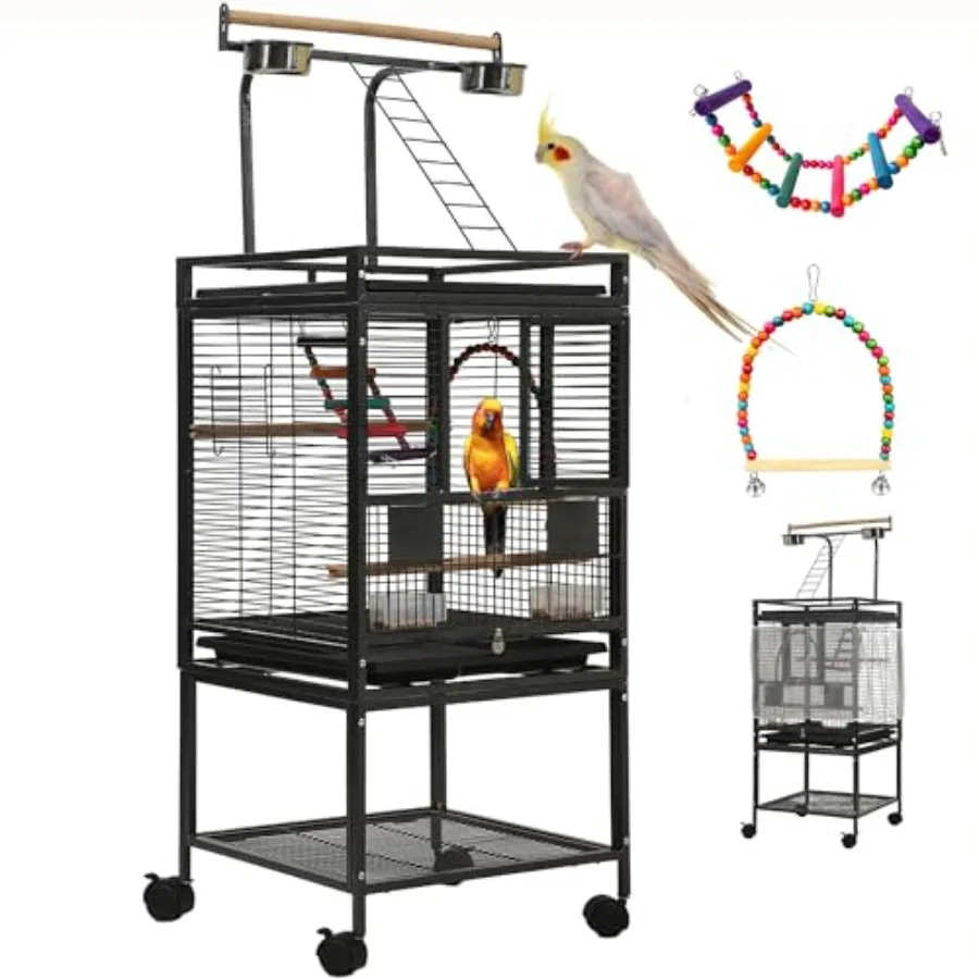 

51 Small Bird Cage with Stand for Parakeet Parrot Lovebirds Cockatiel Conure Finch Canary Budgie Powder-Coated Steel Black Incl