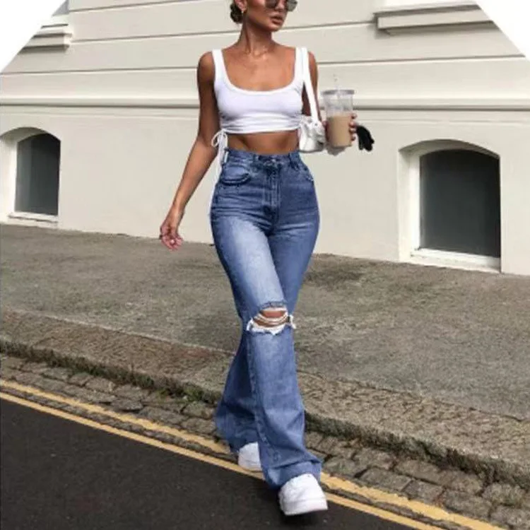 Leisure Women's Pants 2023 Summer New Fashion Perforated High Waist Straight Leg Wide Leg Floor Dragging Denim Pants for Women