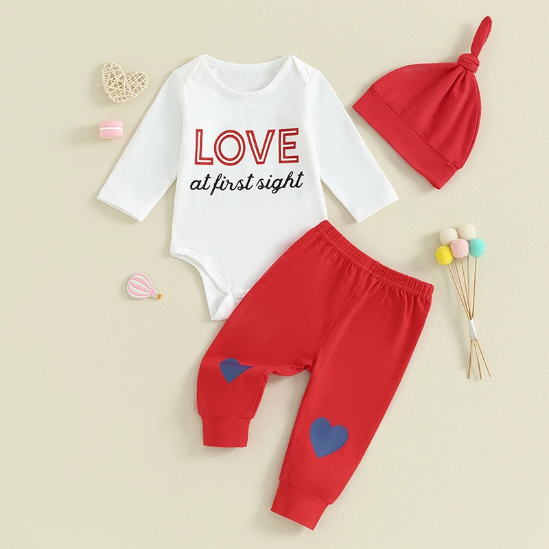 Cute Valentine s Day Baby Outfit Set with Long Sleeve Romper Heart Print Pants and Matching Hat - Adorable Infant Clothes for