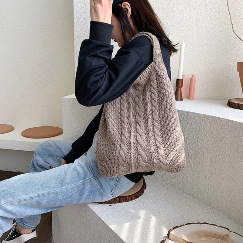 IMone Mori Serie Eimer Tasche Japanischen 2022 Neue Woolen Gestrickte Schulter Tasche Einfache Stil Freizeit Tasche für Frauen