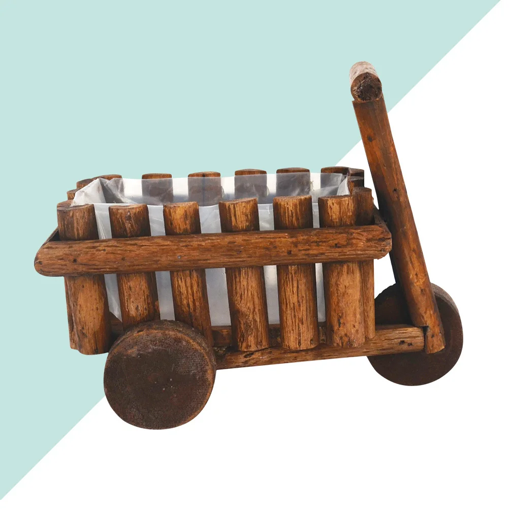 

Wooden Small Cart Flower Pot Brown Creative Vintage Decorative Holder Trash Can Vase for Indoor Garden Office Succulents Mini
