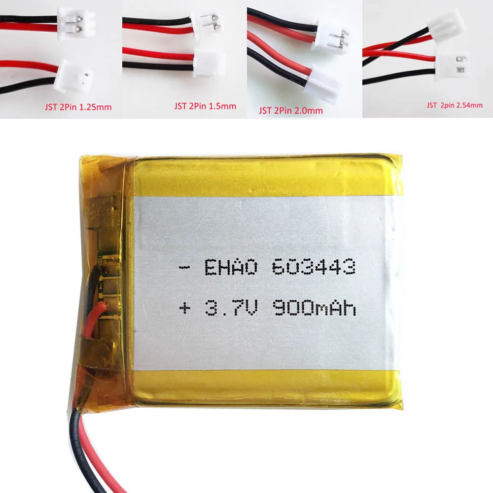 3.7V 900mAh Lipo Polymer Lithium Rechargeable Battery 603443 + JST 2pin Plug For MP3 GPS Navigator DVD  Recorder E-book Camera