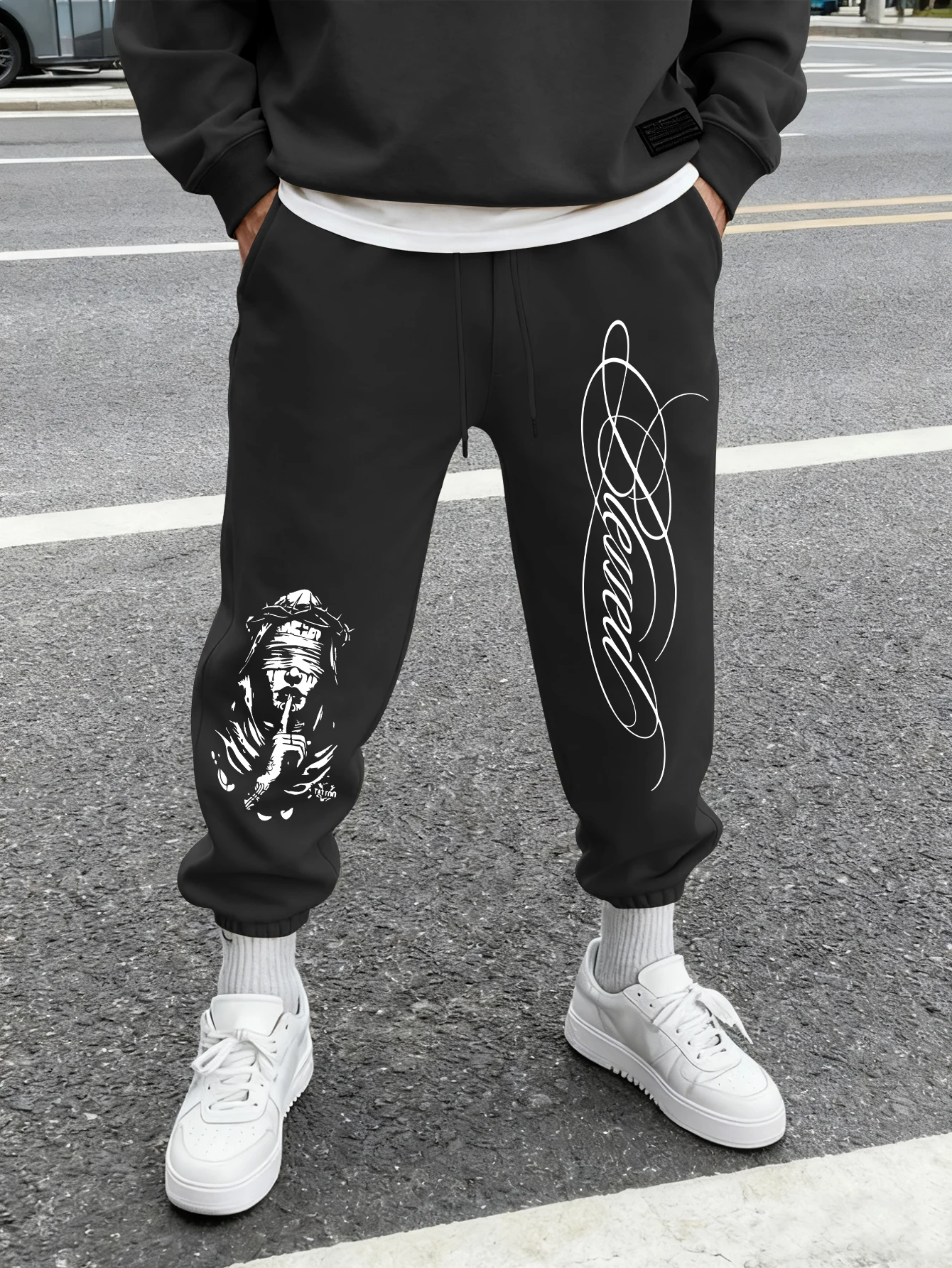 Men Jogger Sweatpants Gothic Blind Saint Figure Cursive Letter Print Drawstring Elastic Cuff Streetwear Trousers