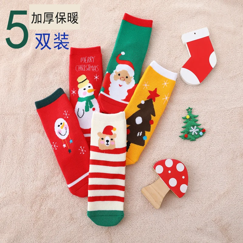 5PAIR Children's socks Christmas thick looped red holiday cartoon warm towel socks for boys and girls baby mid tube socks