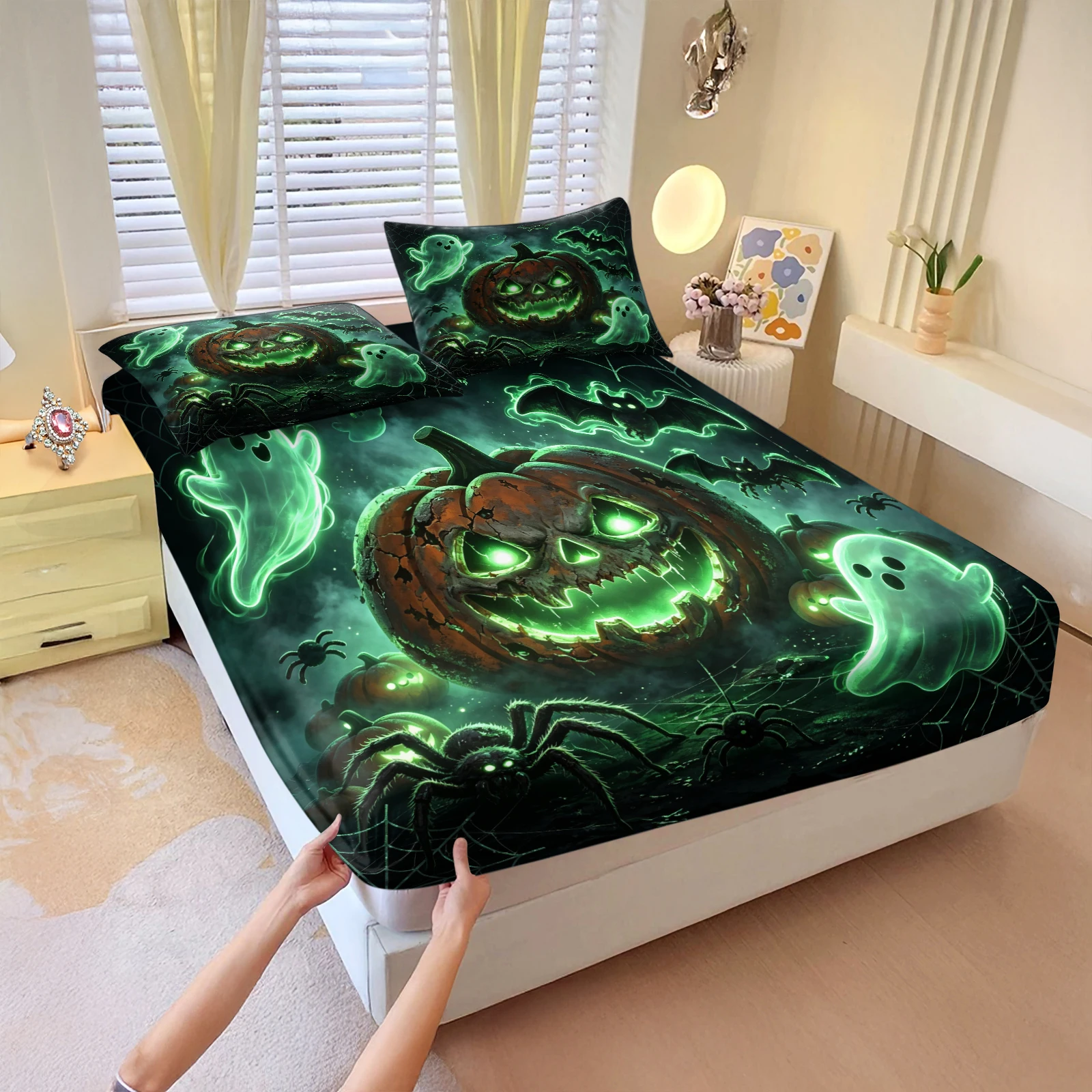 Fitted Sheet Deep - Glowing Green Neon Pumpkin Ghost Spider