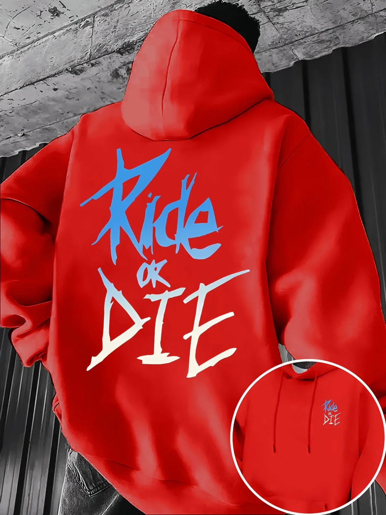 Graffiti-Print „RIDE OR DIE“, Street-Style, 100 % Polyesterfaser, Kängurutasche und verstellbarer Kordelzug, Schwarz, Blau und Weiß – Detail 7
