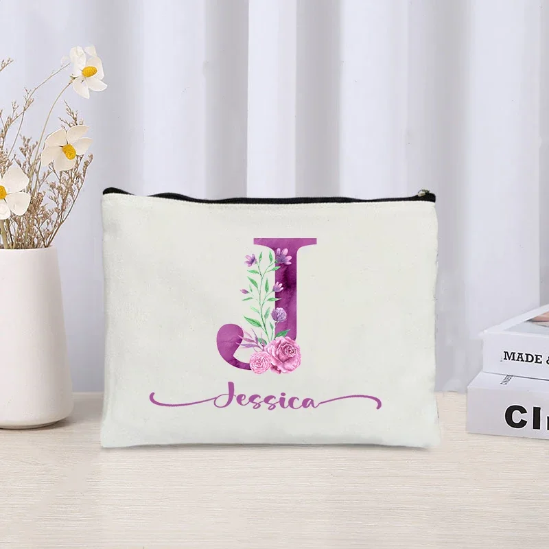 Trendy Purple Letter Floral Makeup Bag Custom Name Cosmetic Organizer Cute Side Bag for Ladies Travel Toiletry Pouch Handbag