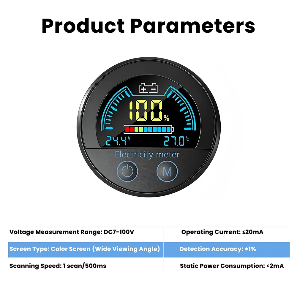 DC 7-100V Waterproof Round Digital Voltage Battery Capacity Indicator 2-Wire DC Voltmeter Digital Capacity Meter for E-bike