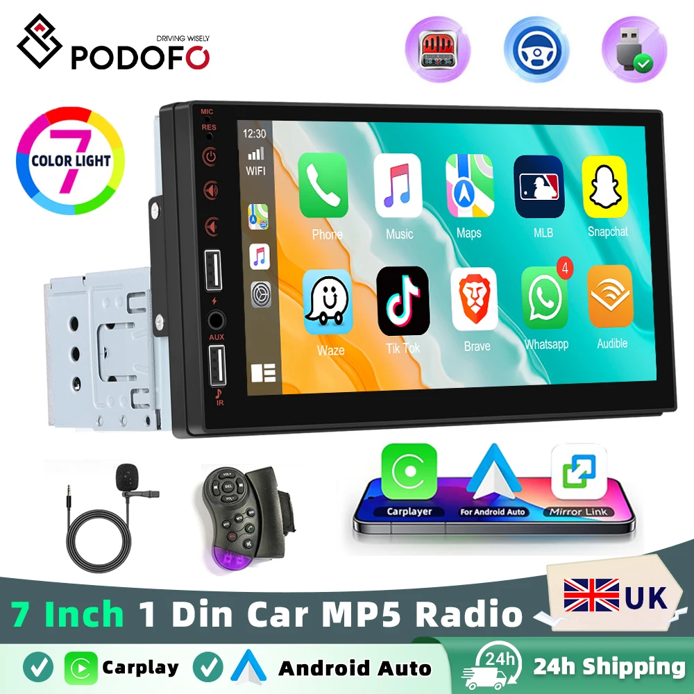 Podofo اللاسلكية Carplay أندرويد السيارات سيارة MP5 الصوت مرآة ستيريو رابط 7 بوصة 1Din مشغل فيديو الوسائط المتعددة BT USB FM RDS AUX