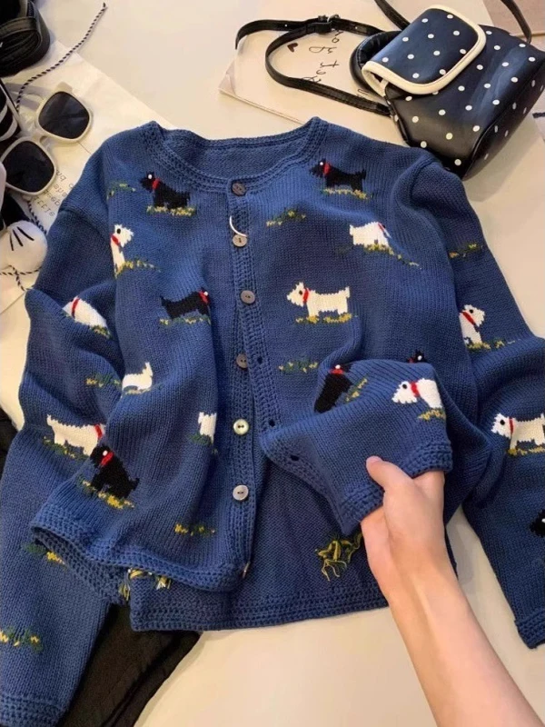 

Мужской зимний свитер большого размера с мультяшным рисунком собаки и цветов, вязаный кардиган с синими пуговицами, мягкий, удобный, повседневный, парный трикотаж