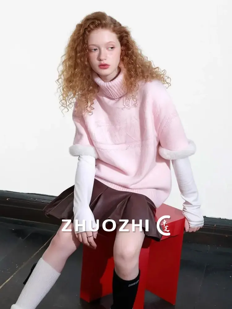 

Soft Pink High Collar Knitted Sweater Two Piece Set Warm Cozy Fem Leisure Faion Autumn New Arrival Commute Sle