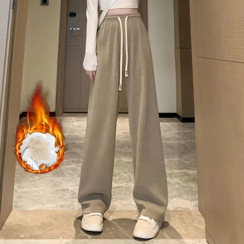 Korean Loose Thicken Warm Pants for Women Autumn Winter Casual Fleece Corduroy Trousers Female High Waist Velvet Wide Leg Pants
