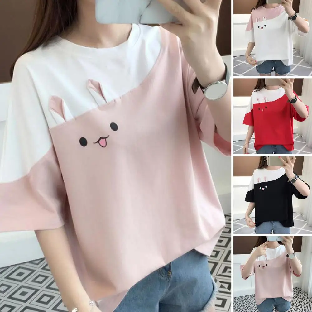 Women T-shirt Color Block Bunny Ear Decor O Neck Short Sleeves Rabbit Embroidery Match Pants Kawaii Women Top Women Clothes