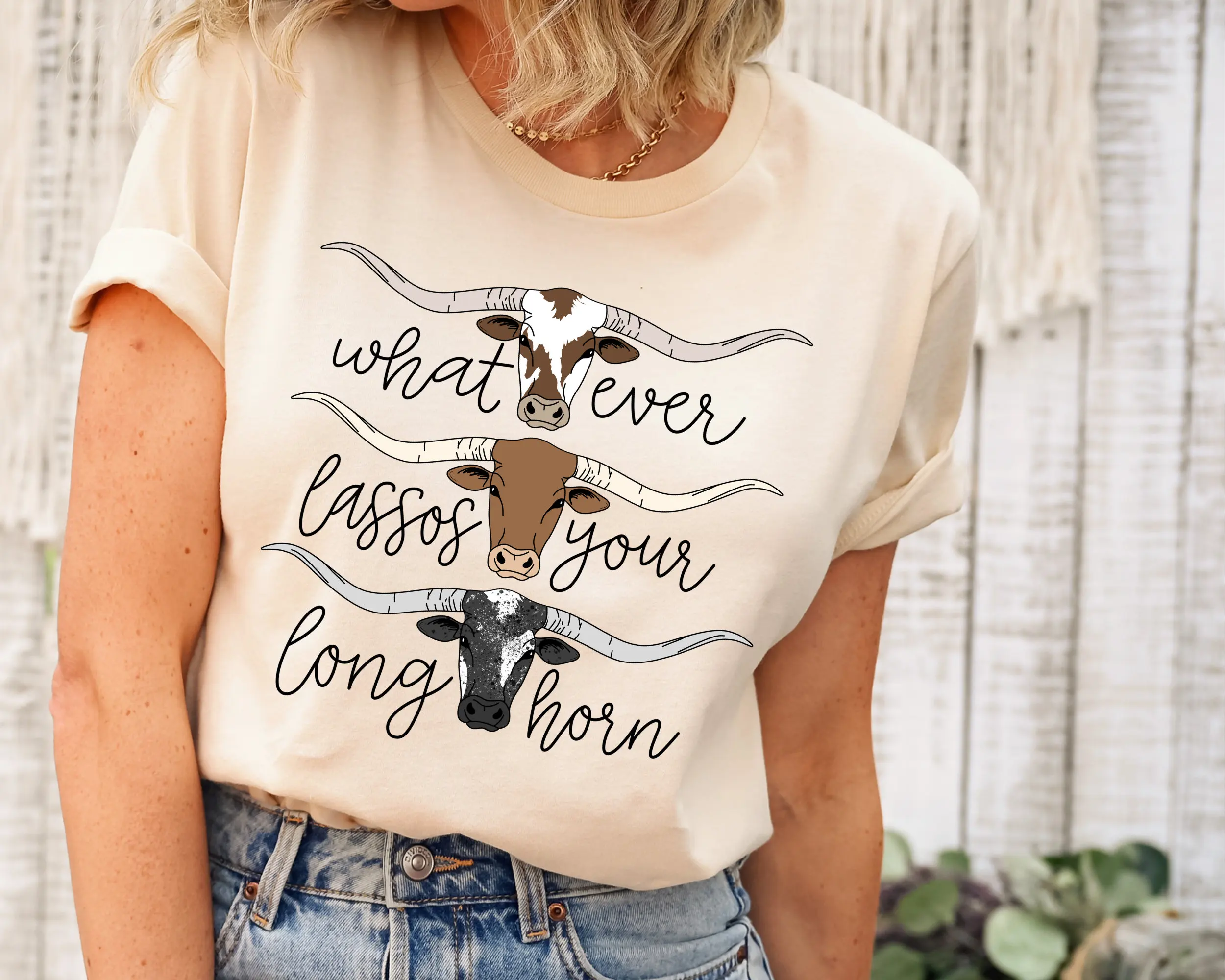 Whatever Lassos Your Longhorn T Shirt Wild West Cowgirl Boho Country Skull Western Rodeo