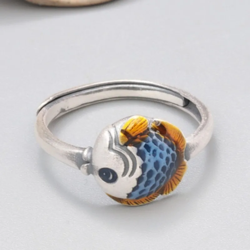 

Real Solid 925 Sterling Silver Band Women Gift Lucky Enamel Fat Fish Ring 2.5g