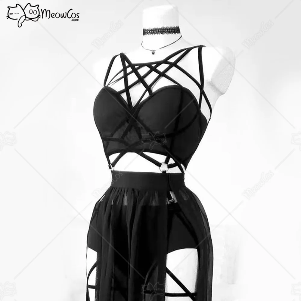 MEOWCOS Women Gothic Style Three Piece Bandage Suit Black Sexy Top and Mesh Split Skirt with Underwear